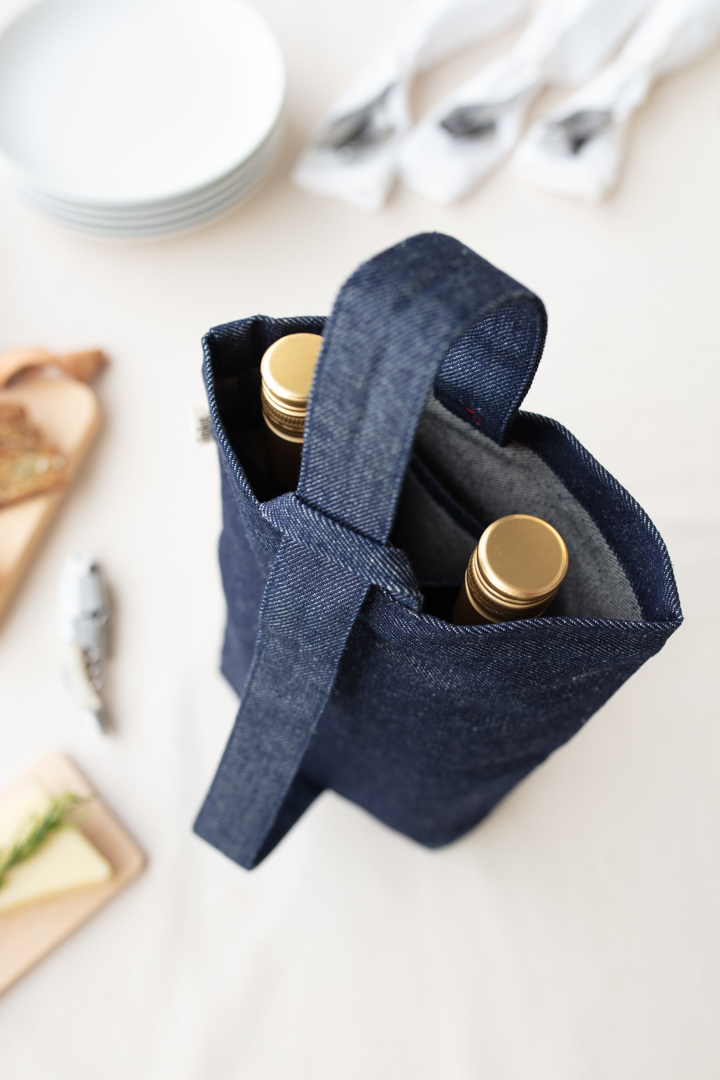 Two bottle denim wine tote